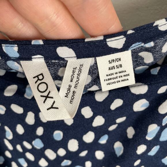 Roxy Dear Amor Dot Print Crop Top Blue White Size S Puff Sleeve Squareneck - Picture 6 of 10